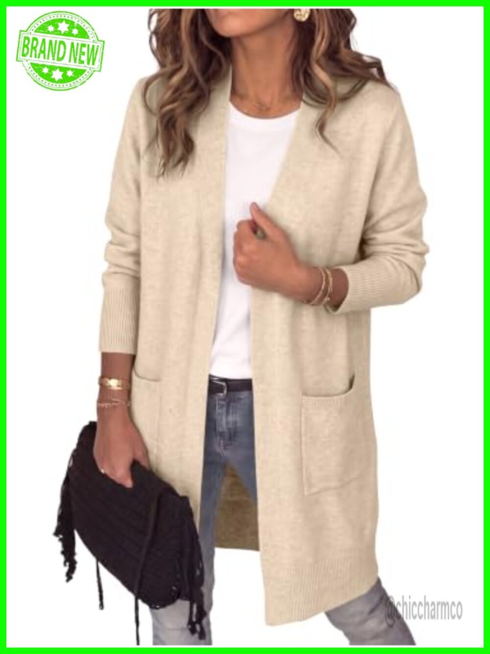 Lightweight Long Cardigan Open Front Patch Pockets Casual Layer